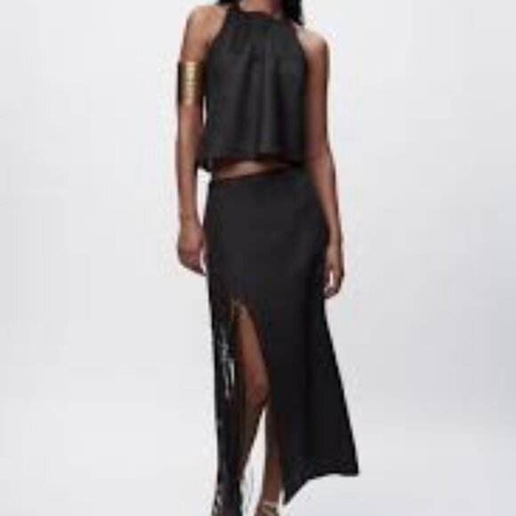 Zara black linen side fringe skirt - Picture 1 of 7